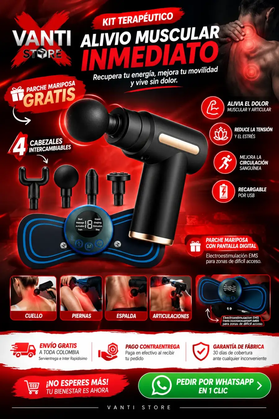 Kit Terapéutico Pro Alivio Total: Pistola de Masaje Percusivo + Parche Electroestimulador Mariposa EMS GRATIS